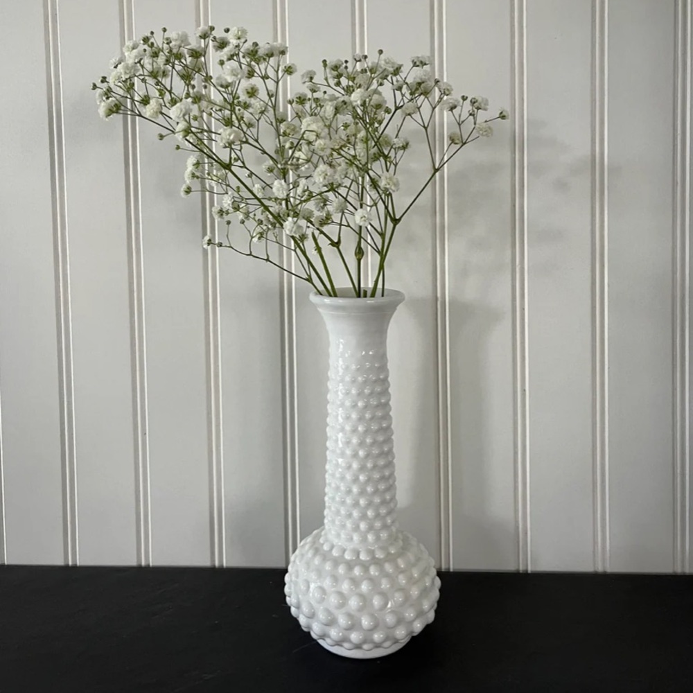 vintage E.O. Brody Co. white milk glass hobnail bud vase